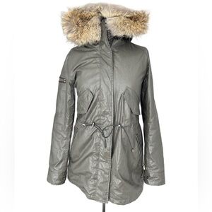 SAM NYC waxed rain jacket fur hood size .